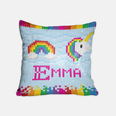 Personalized Unicorns and Rainbows Sequined Pillow, Cute Knitting Gift for Friend, Gift for Little Girl, Daughter Gift, Knitter Gift